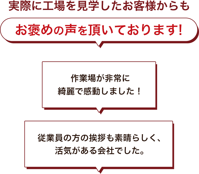 実際に工場を見学したお客様からもお褒めの声を頂いております!作業場が非常に綺麗で感動しました!従業員の方の挨拶も素晴らしく、活気がある会社でした。